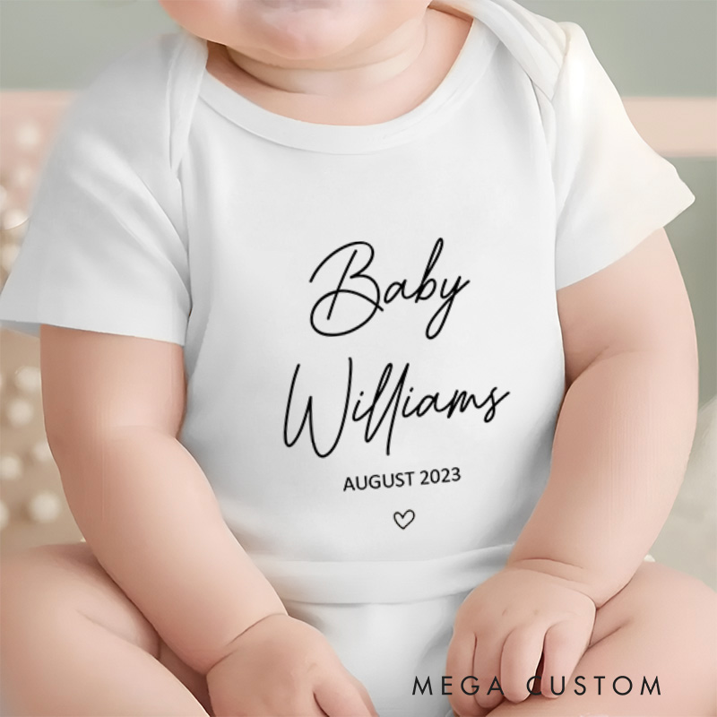 Personalized Name and Date Baby Announcement with Heart Baby Onesie