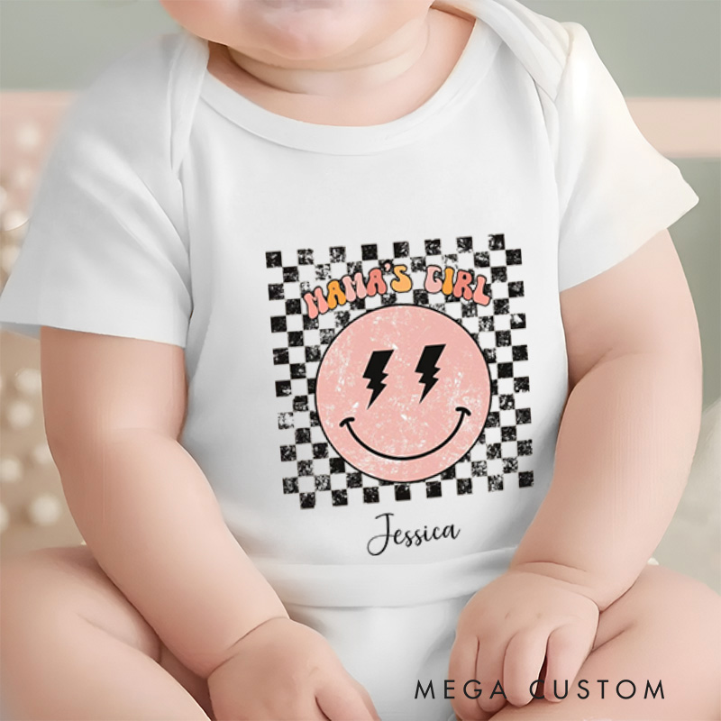 Personalized Mama’s Boy Rock and Roll Themed Design with Checkered Background Baby Onesie