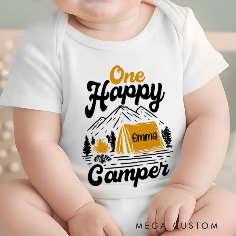 Personalized One Happy Camper Tent and Mountain Baby Onesie