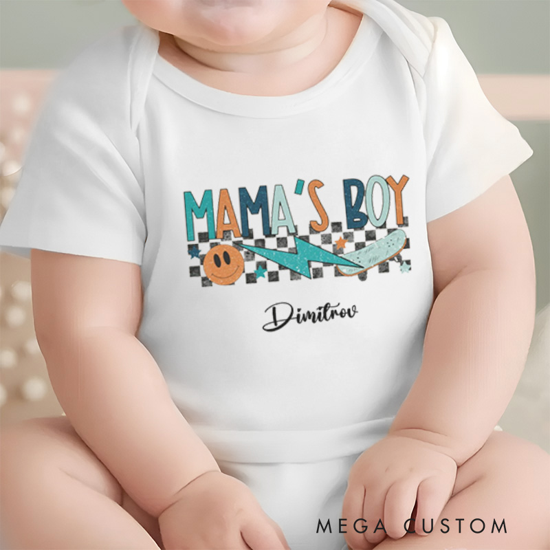 Personalized Mama’s Boy Retro Checkered Design Celebrating the Bond with Mom Baby Onesie