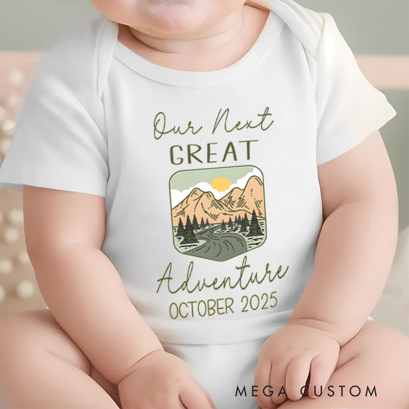 Personalized Our Next Great Adventure Mountain Scene Baby Onesie Funny Baby Gift