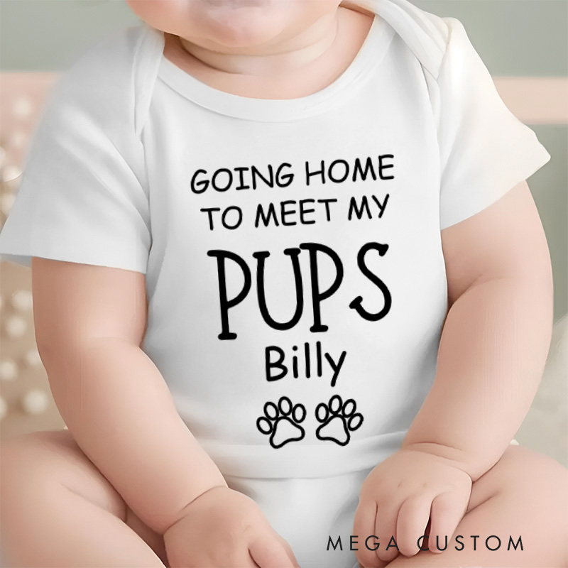 Personalized Going Home to Meet My Pups Paw Print Baby Onesie Pet Lover Gift