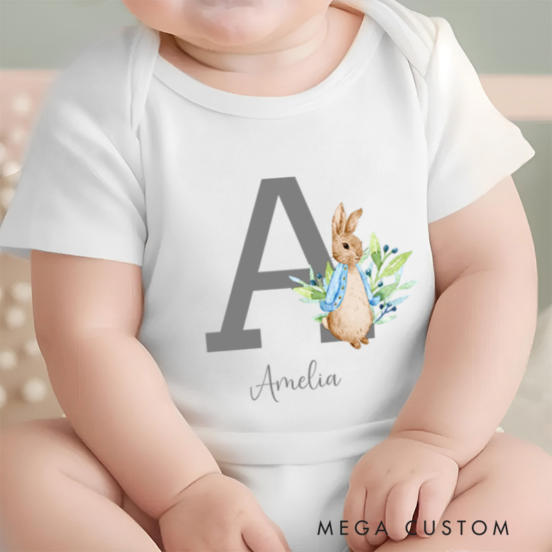 Personalized Letter Design with Cute Bunny Illustration Baby Onesie