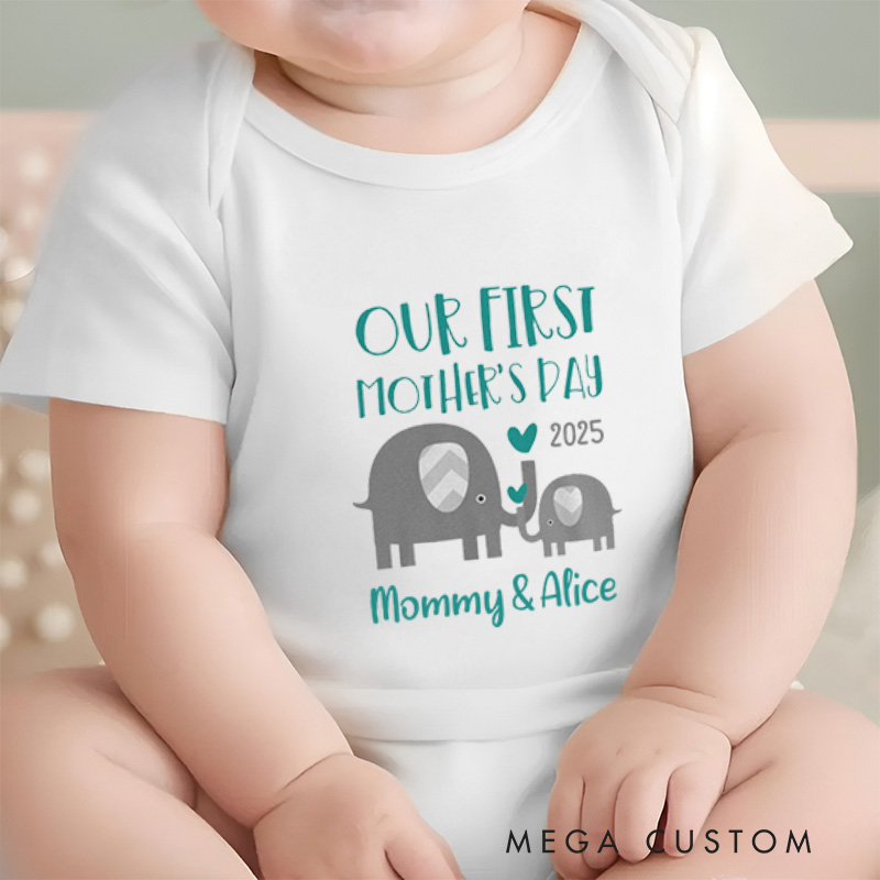 Personalized Our First Mother’s Day Mommy and Baby Elephant Cute Baby Onesie