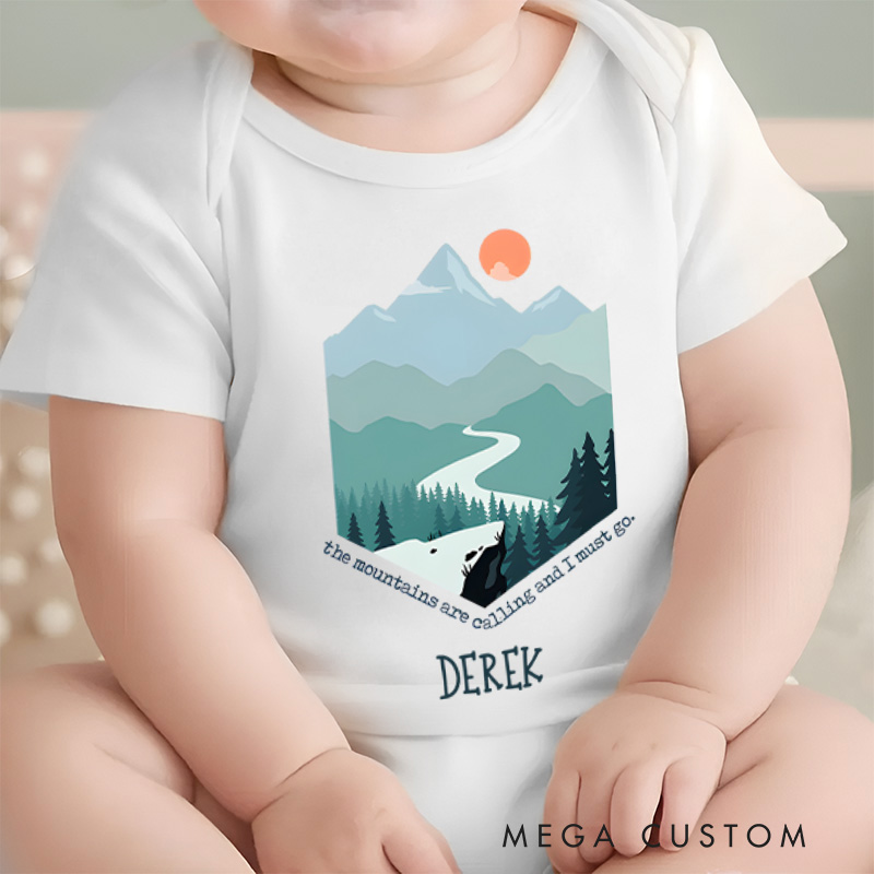 Personalized Derek Mountain and Path Adventure Art Baby Onesie Travel Baby Gift