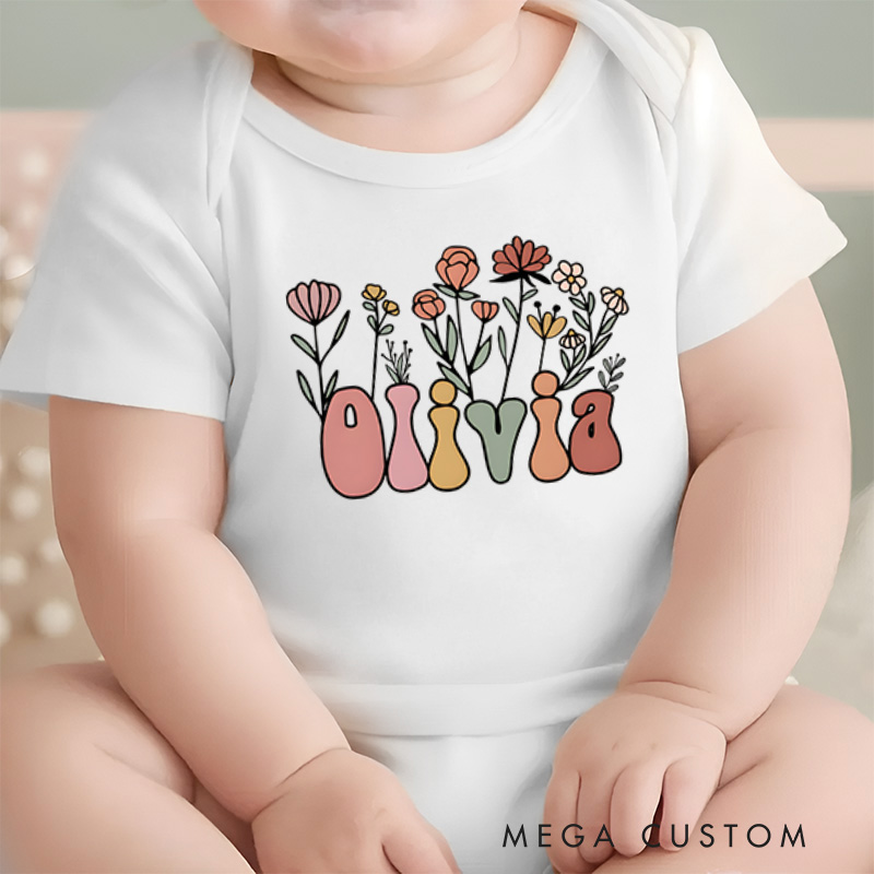 Personalized Floral Groovy Lettering Baby Onesie Baby Shower Gift