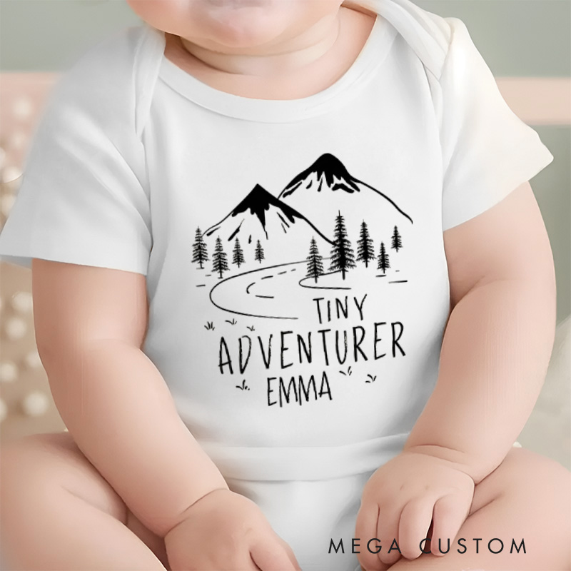 Personalized Tiny Adventurer Mountain and Forest Baby Onesie Travel Baby Gift