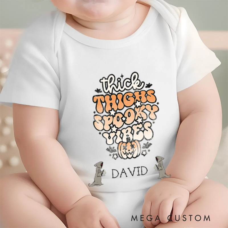 Personalized Thick Thighs Spooky Vibes Fun and Whimsical Halloween Baby Onesie