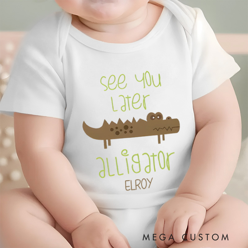 Personalized See You Later In a While Alligator adding humor and fun to twin wardrobes with a cute crocodile graphic Baby Onesie