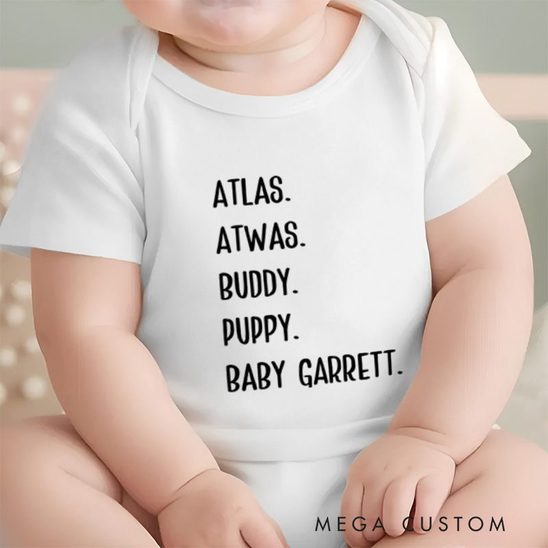 Personalized Atlas Buddy Puppy Baby Garrett Fun and Cute Name Collection Baby Onesie  