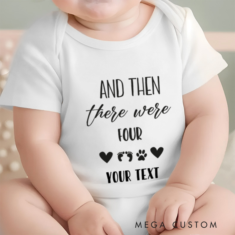 Personalized And Then There Were Four Family Addition with Footprints Baby Onesie  