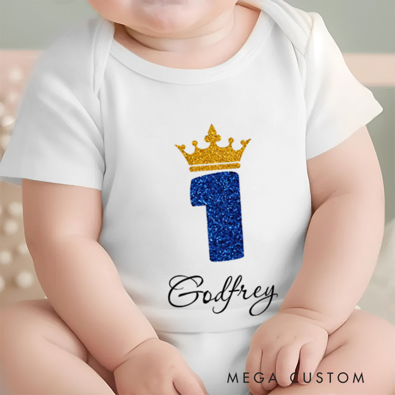 Personalized Number One with Crown Sparkly and Royal Birthday Celebration Baby Onesie  