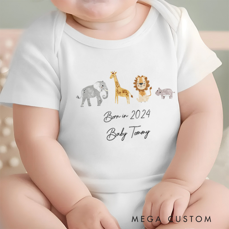 Personalized Born in Baby Jungle Animal Theme Cute and Whimsical Baby Onesie  