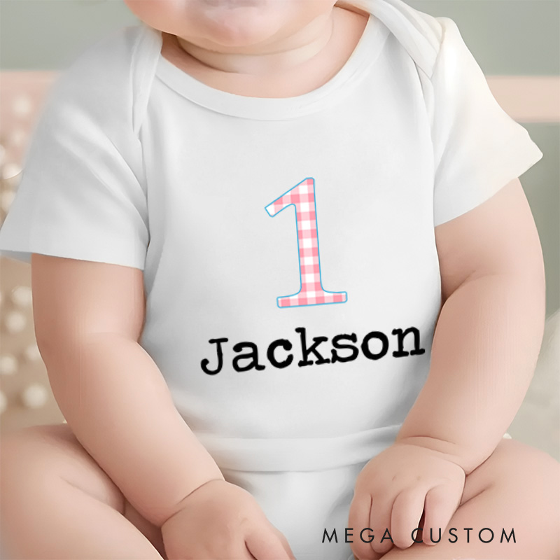 Personalized Number One Checkered Birthday Celebration Baby Onesie  