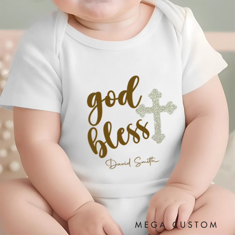 Personalized God Bless Name Elegant Glittery Baptism Celebration Baby Onesie  