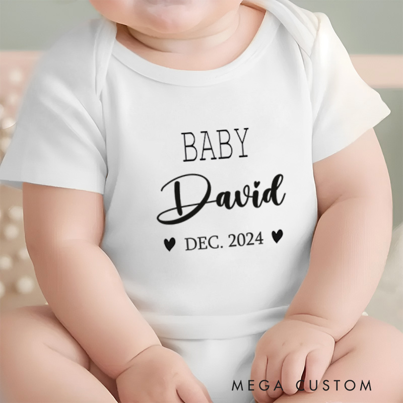 Personalized Baby Name and Date Elegant and Heartfelt Birth Announcement Baby Onesie  
