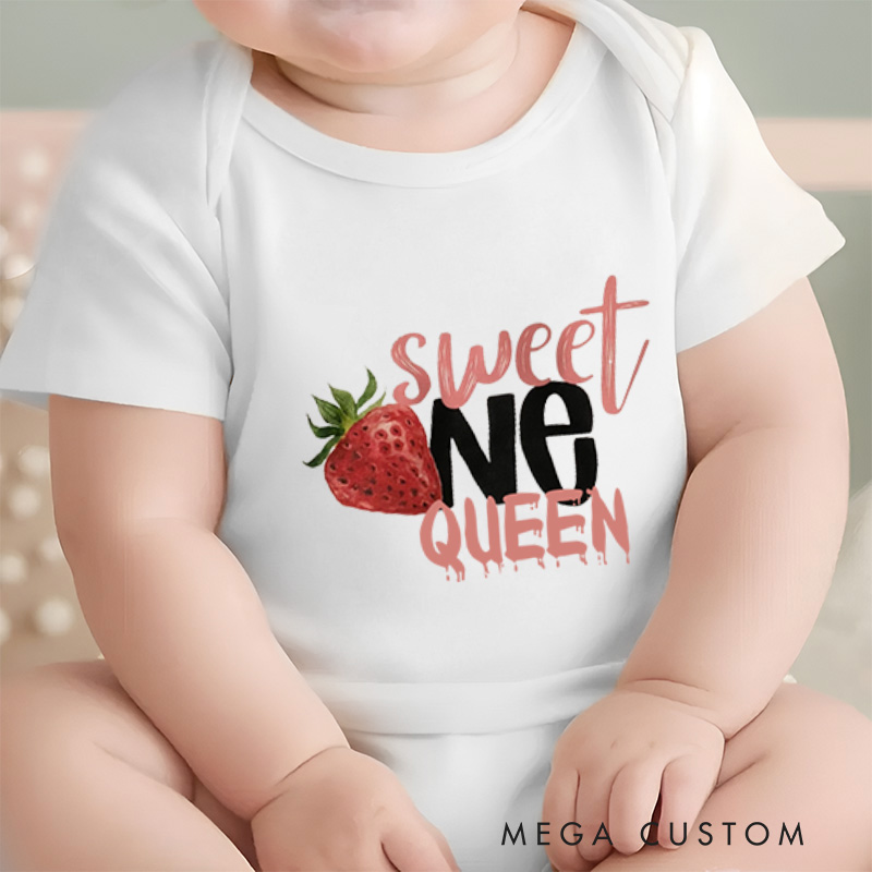 Personalized Sweet One Queen Strawberry Inspired First Birthday Celebration Baby Onesie  