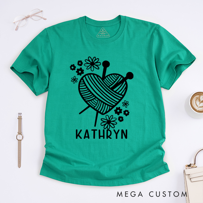 Personalized Knitting Heart Classic T-Shirts Gift for Knitting Lovers Cute Yarn Design Shirt Funny Knitting Tee