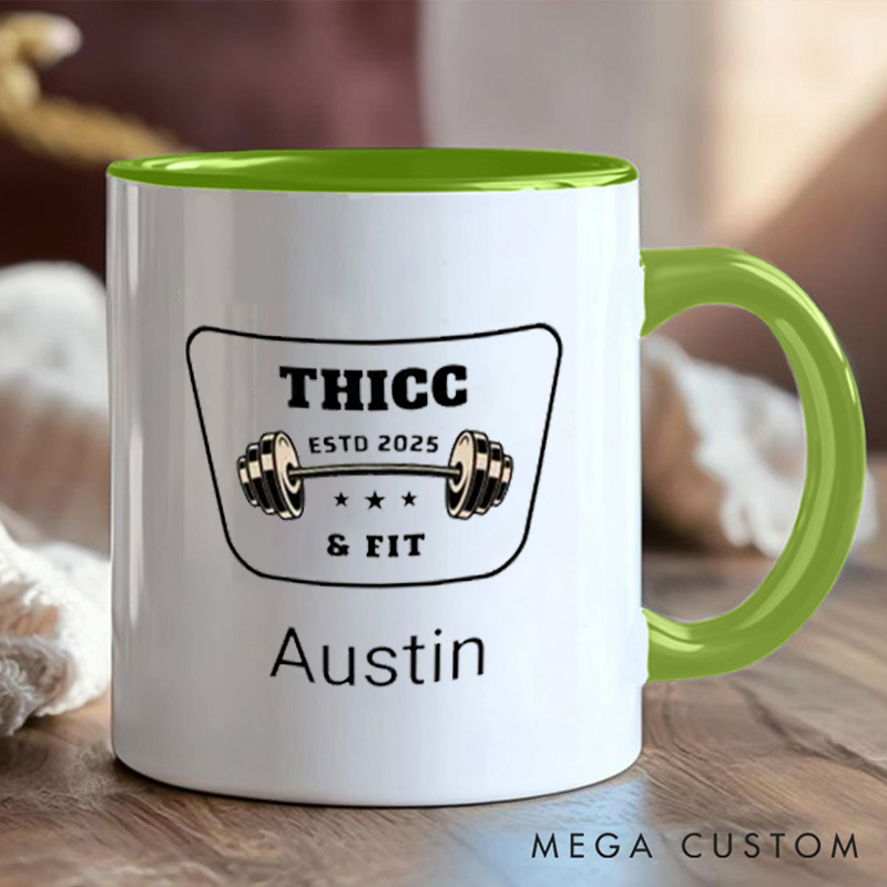 Personalized Thicc Fit Coffee Cup Mug with Dumbbell Graphic and Name Gift for Fitness Enthusiasts Bodybuilders and Gym Lovers