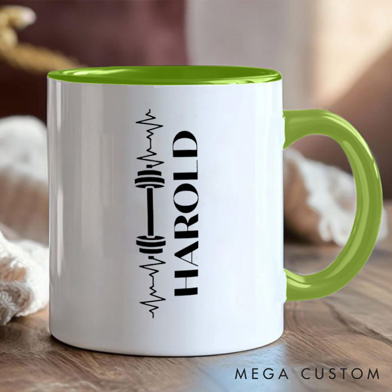 Personalized Workout Lover Coffee Cup Mug with Dumbbell and Heartbeat Design for Fitness Enthusiasts Bodybuilders and Gym Lovers