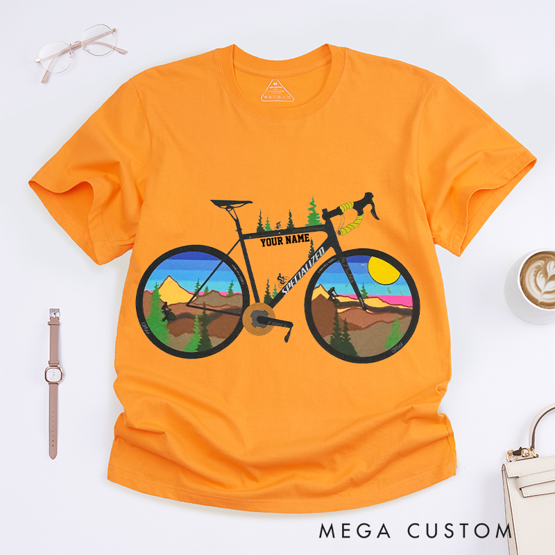 Personalized Scenic Bicycle T-Shirt with Vibrant Landscape Scenes in the Wheels for Outdoor Adventures Riding Cycling Biking Enthusiasts
