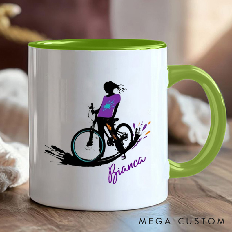 Personalized Cycling Coffee Cup Mug with Colorful Cyclist Illustration for Outdoor Adventures Riding Cycling Biking Enthusiasts