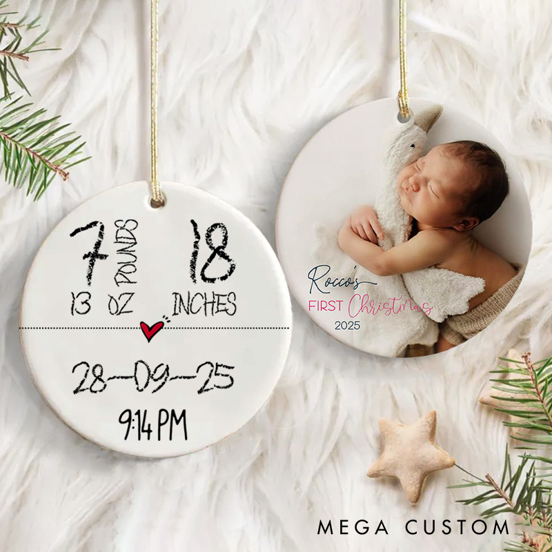 Personalized Baby Photo with Birth Stats and First Christmas Ornament