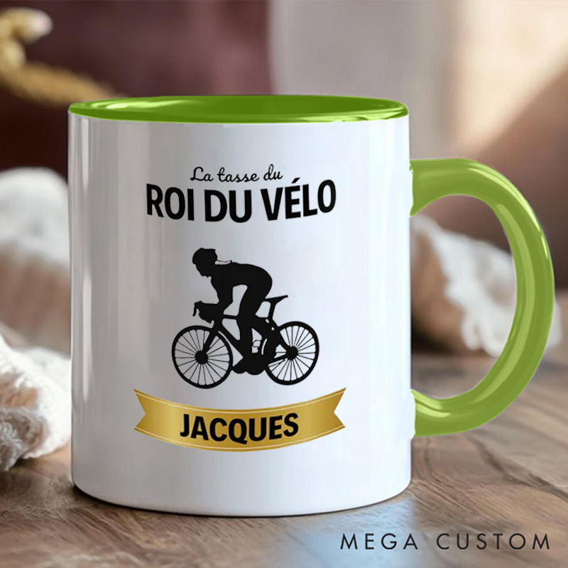 Personalized King of Cycling Coffee Cup Mug with Yellow Handle for Outdoor Adventures Riding Cycling Biking Enthusiasts
