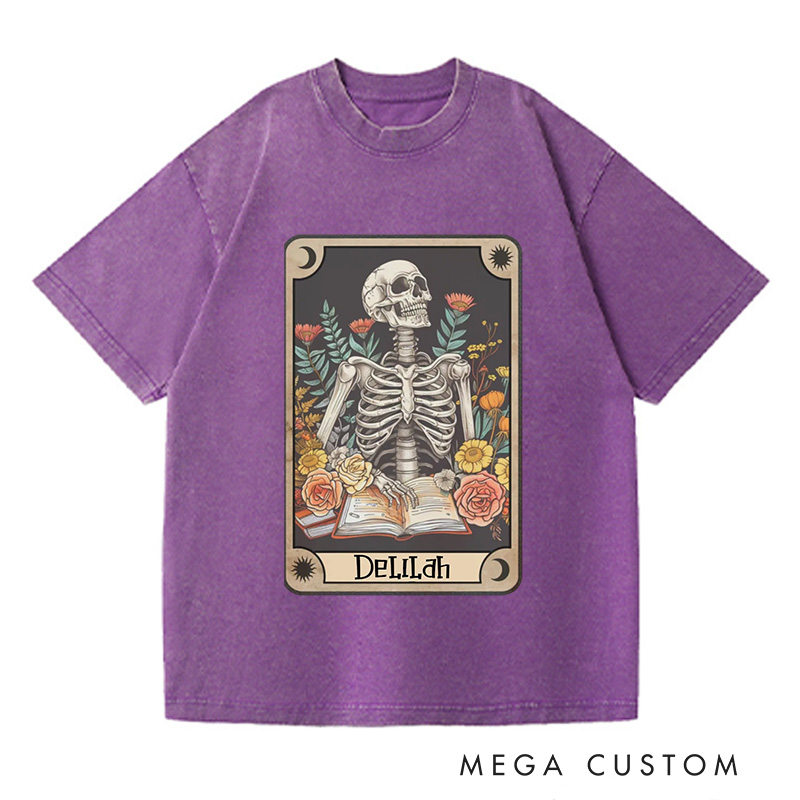 Personalized The Reader Tarot Card Washed T-Shirts Skeleton Reading Shirt Unisex Tarot Card Shirt Book Lover Gift Bookish Gift