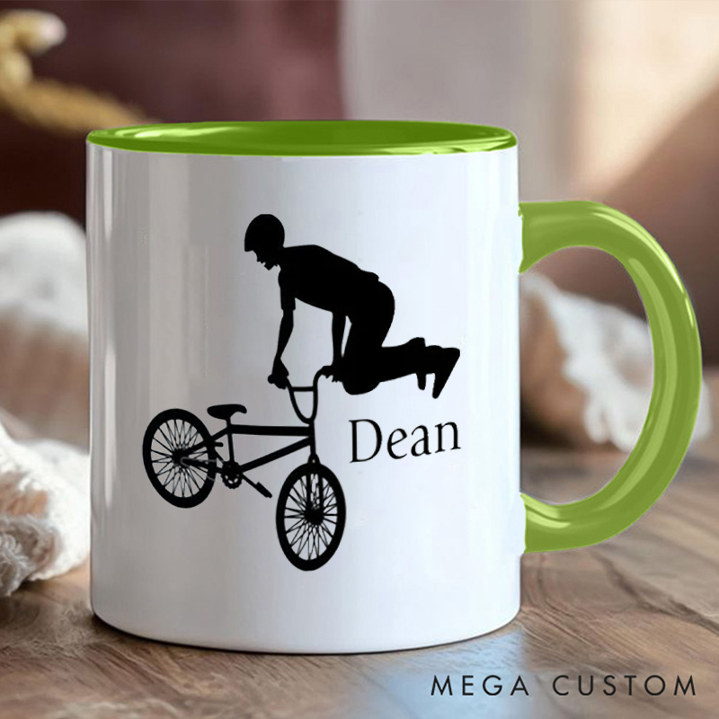 Personalized BMX Stunt Coffee Cup Mug with Stunt Rider Silhouette for Outdoor Adventures Riding Cycling Biking Enthusiasts