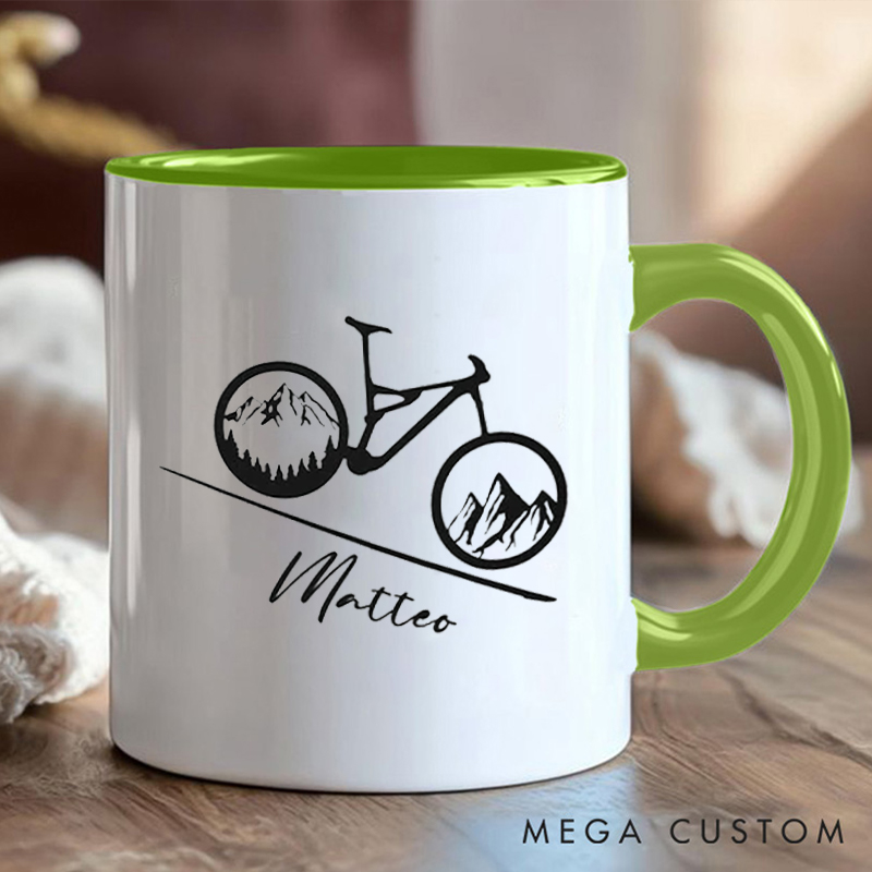 Personalized Mountain Bike Coffee Cup Mug with Scenic Bike Illustration for Outdoor Adventures Riding Cycling Biking Enthusiasts