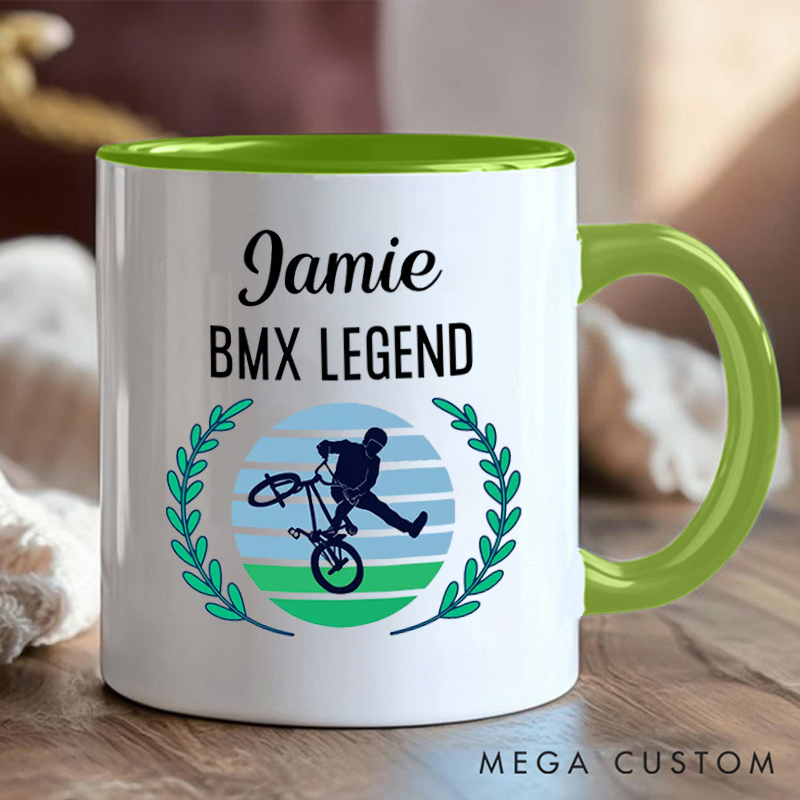 Personalized BMX Legend Coffee Cup Mug with Name and Stunt Design for Outdoor Adventures Riding Cycling Biking Enthusiasts
