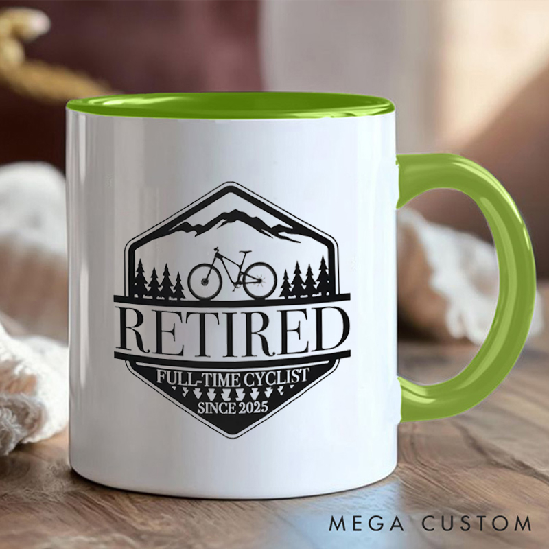 Personalized Retired Cyclist Coffee Cup Mug with Mountain Design for Outdoor Adventures Riding Cycling Biking Enthusiasts