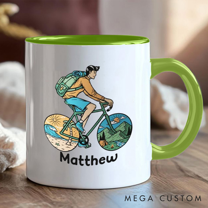 Personalized Adventure Cycling Coffee Cup Mug with Colorful Outdoor Illustration for Outdoor Adventures Riding Cycling Biking Enthusiasts