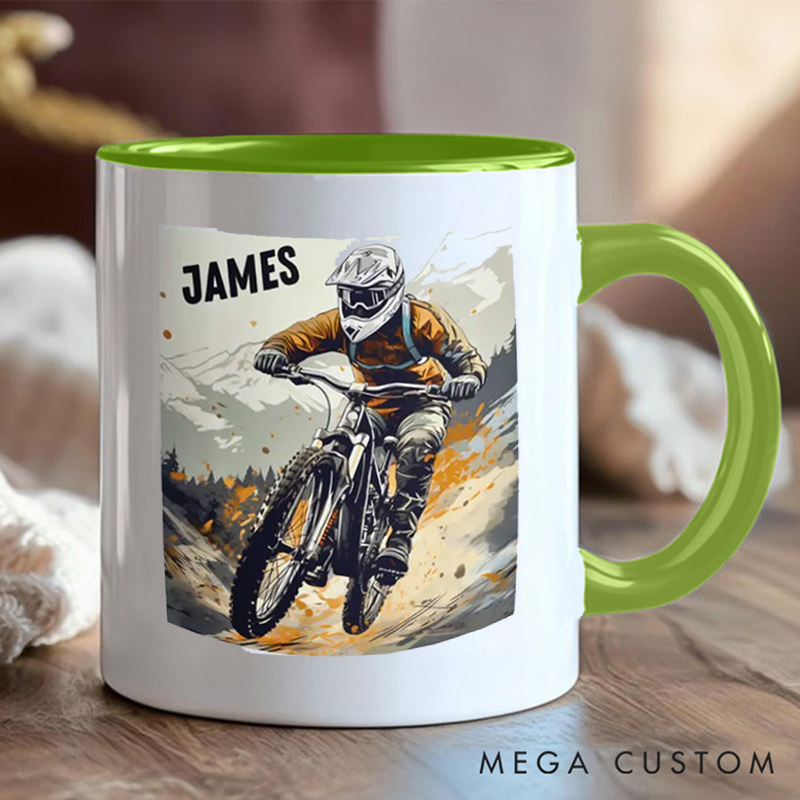 Personalized Mountain Biking Coffee Cup Mug with Downhill Biker for Outdoor Adventures Riding Cycling Biking Enthusiasts