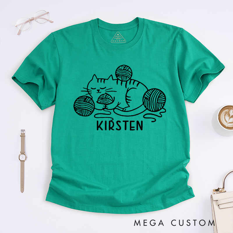 Personalized Knit Cat Classic T-Shirts Gift for Knitting Lovers Yarn Ball Cute Kitten Graphic Tee Cozy Pet Lover Shirt