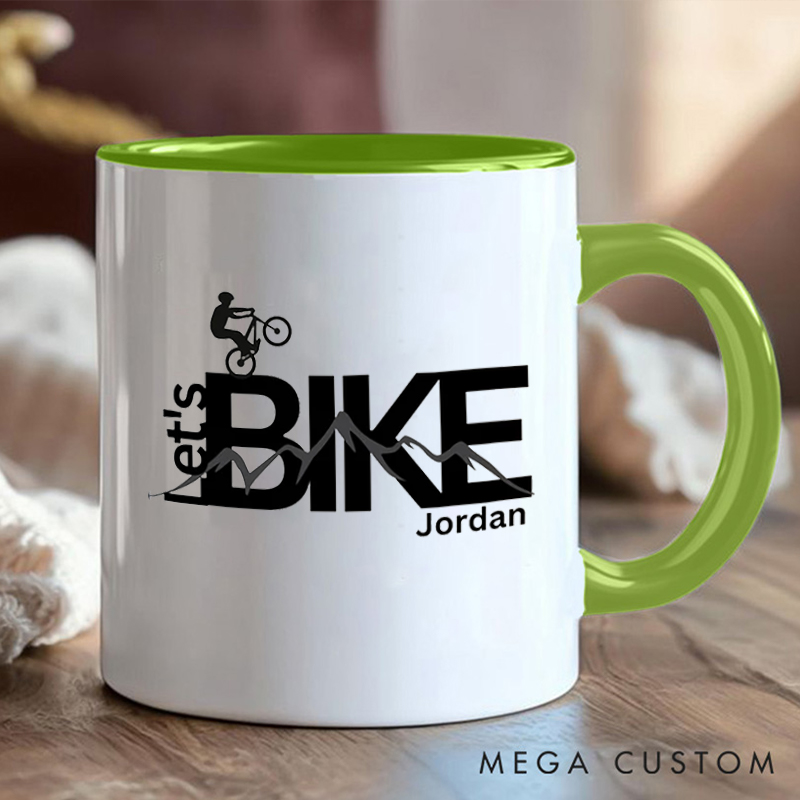 Personalized Lets Bike Coffee Cup Mug with Cyclist and Mountain Art for Outdoor Adventures Riding Cycling Biking Enthusiasts