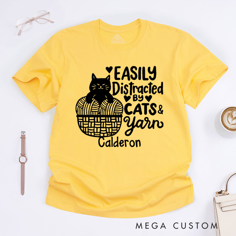 Personalized Easily Distracted by Cat and Yarn Classic T-Shirts for Knitting Lovers Funny Crochet Shirt Gift for Cat Lover