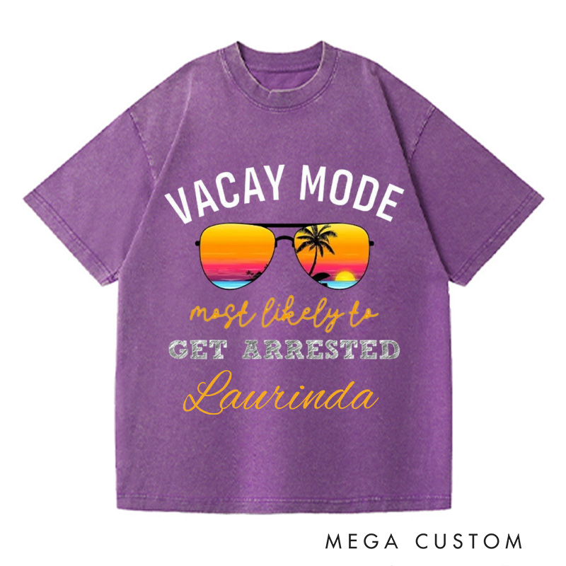 Personalized Vacay Mode Washed T-Shirts Summer Vacation Shirt Trendy Tee Colorful Patterned Shirt Gift For Traveler