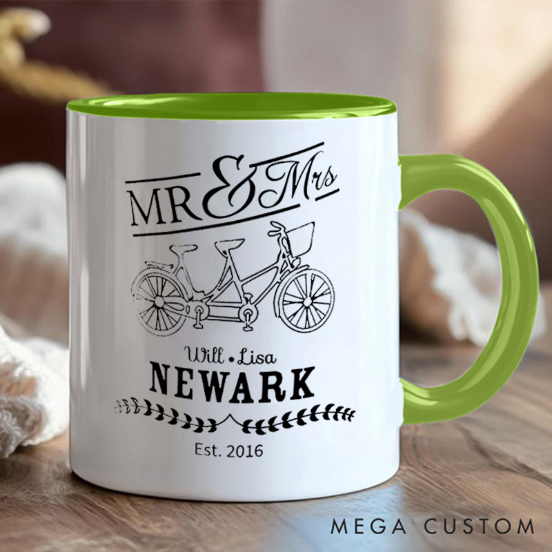 Personalized Mr Mrs Tandem Bike Coffee Cup Mug with Celebrate Wedding Anniversary for Outdoor Adventures Riding Cycling Biking Enthusiasts