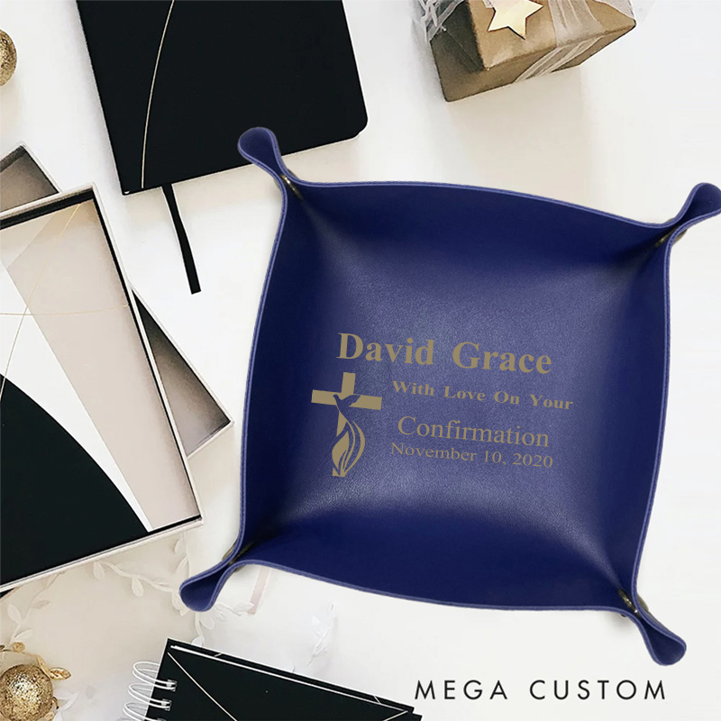 Personalized Cross Dove Leather Folding Storage Tray with Name and Date Confirmation Gift for Christian Religious Gift 