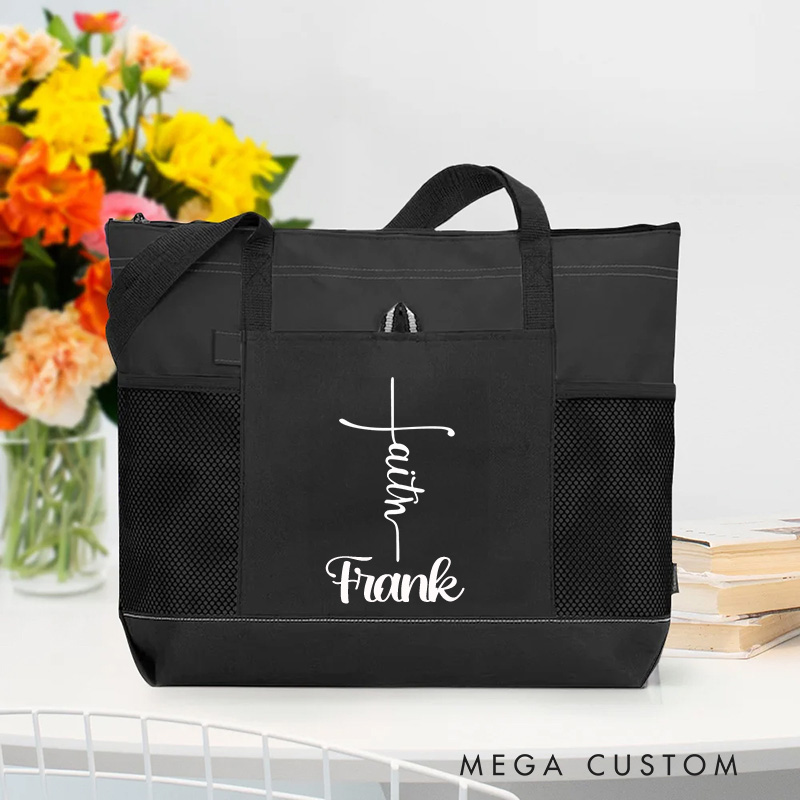 Personalized Faith Cross Tote Bag with Name and Zipper Large Capacity Religious Accessory Gift for Christian Religious Christian Gifts 