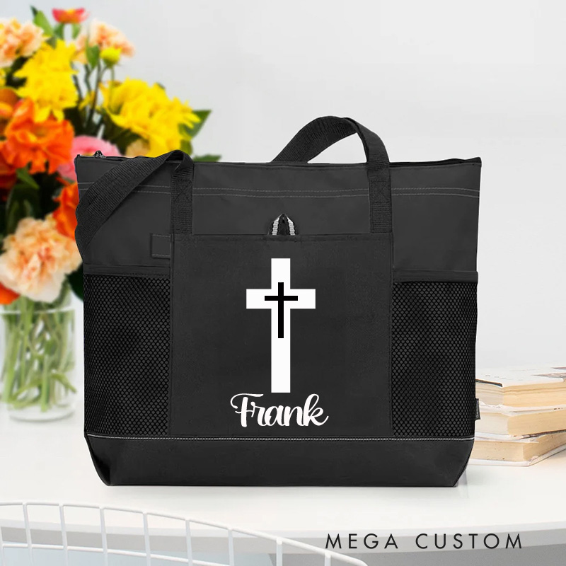 Personalized Cross Tote Bag with Name and Zipper Large Capacity Religious Accessory Gift for Christian Religious Christian Gifts 