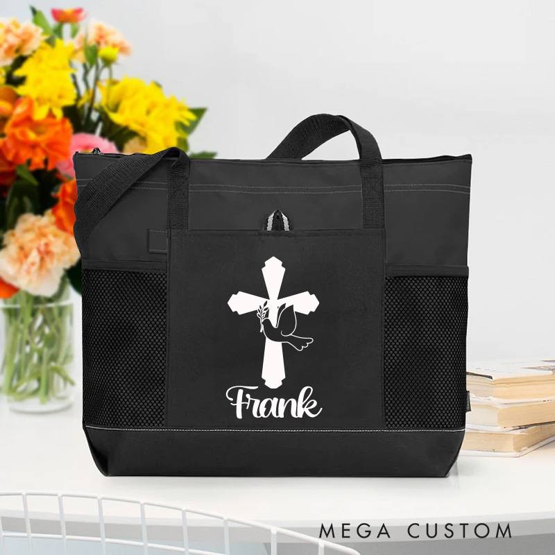 Personalized Cross Dove Tote Bag with Name and Zipper Large Capacity Religious Accessory Gift for Christian Religious Christian Gifts 