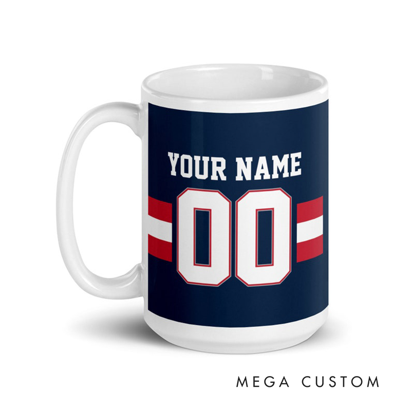 Personalized Football Themed Mug with Custom Team Name Player Name and Jersey Number Design