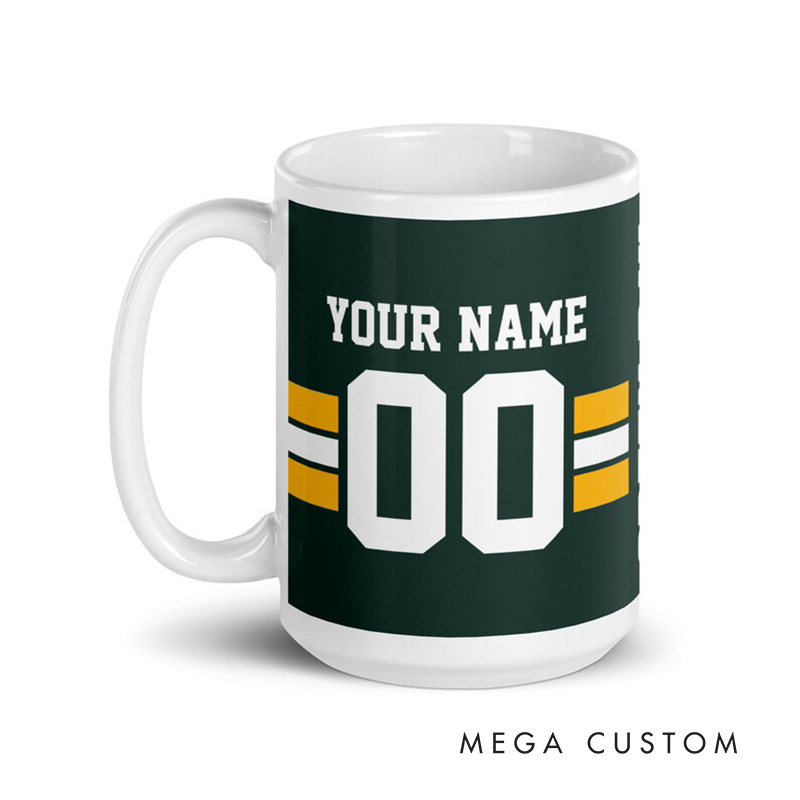 Personalized Football Themed Mug with Customizable Team Name Player Name and Jersey Number Perfect for Sports Fans and Players