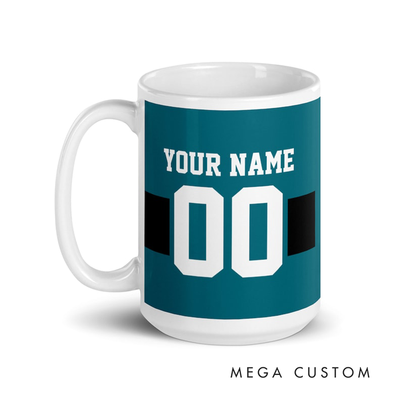 Personalized Football Mug Featuring Custom Team Name Player Name and Jersey Number Design Perfect for Sports Fans and Enthusiasts