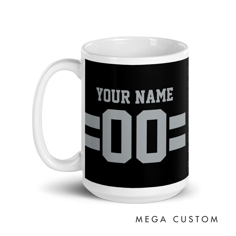 Personalized Football Mug with Customizable Team Name Player Name and Jersey Number Design in Sleek Black Style
