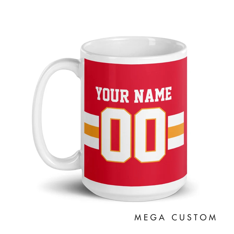 Personalized Football Mug with Custom Team Name Player Name and Jersey Number Featuring a Bold Red Design Perfect for Fans and Enthusiasts