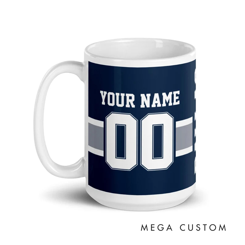 Personalized Football Mug with Customizable Team Name Player Name and Jersey Number in Classic Navy Blue Design
